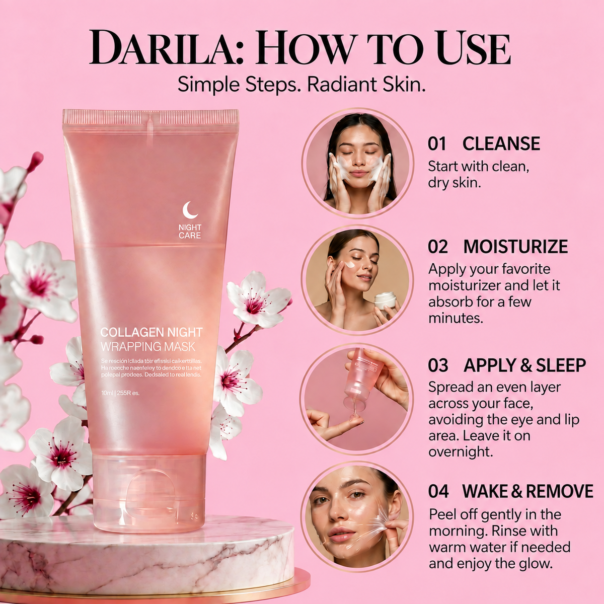 How to use Darila Collagen Night Wrapping Mask: cleanse, moisturize, apply and sleep, then gently peel off and rinse in the morning.